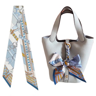 搭菜篮子高级感轻奢仿真丝印花丝巾绑包丝带2024新款女包包的缠带