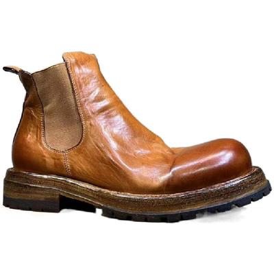 复古马皮重水洗做旧切尔西靴男士真皮底圆头厚底短筒靴固特异皮鞋