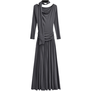 【包邮】法式慵懒围巾荡领设计感长袖连衣裙气质修身百搭长裙子