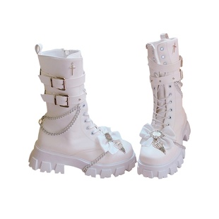 PINKYO原创公主风黑色中长筒骑士靴女2024秋冬款平底时装马丁靴子