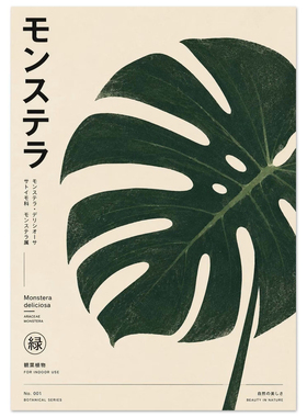 龟背竹日式植物挂画装饰画复古花卉盆栽日系卧室客厅银杏枫叶樱花