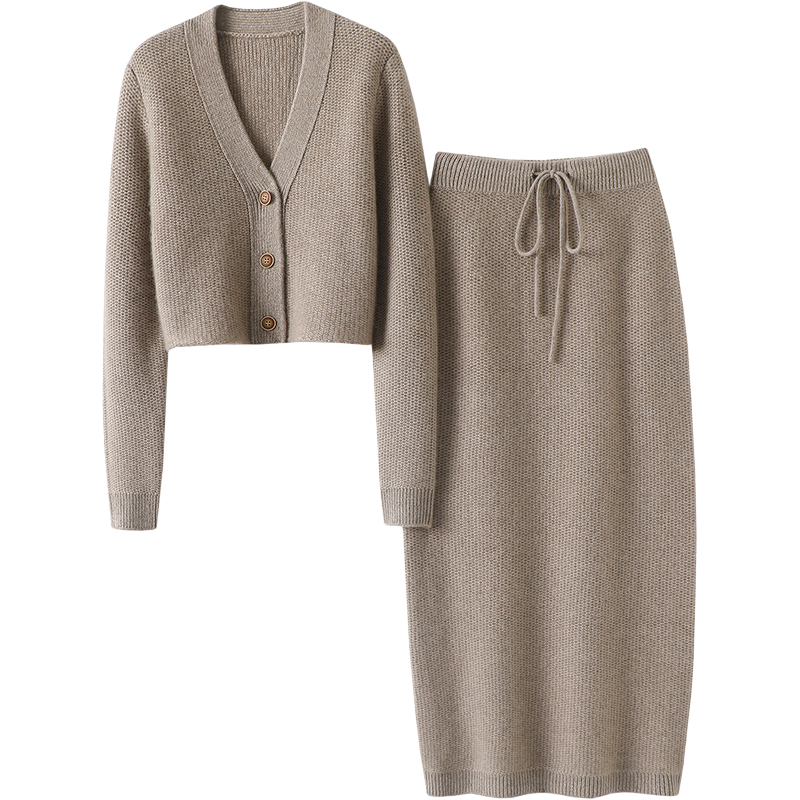 开阔眼界~心动气质！重工针法加厚羊绒开衫女纯羊绒半身包臀裙子