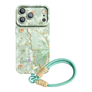 油画蝴蝶适用苹果17promax手机壳iPhone17新款17pro保护套pro青色16腕带17e全包15硅胶13女14挂绳13巨好看p外