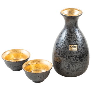 日本原装进口美浓烧手作描金陶瓷酒壶酒杯一壶两杯酒具礼盒黑粉金