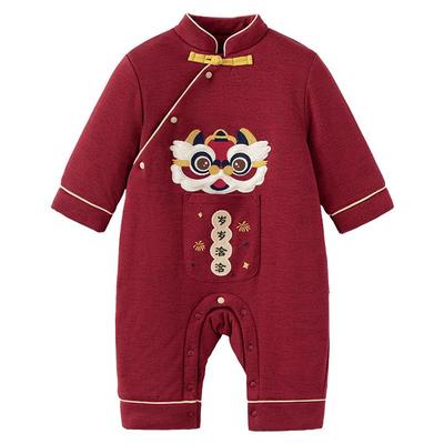 babylove婴儿夹棉连体衣冬季宝宝保暖拜年服红色新年哈衣岁岁洽洽