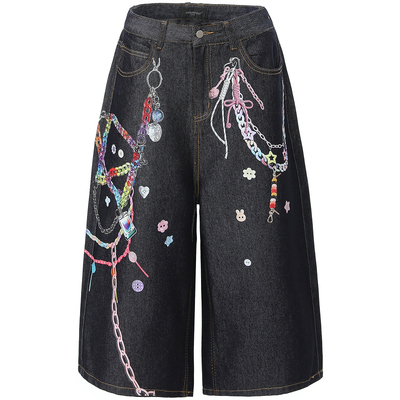 印花牛仔七分阔腿直筒宽松裤子