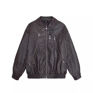 IMXS【明星同款】黑色翻领夹克美式机车pu皮衣男女潮牌春秋外套