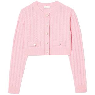 SANDRO秋冬女装法式绵羊毛粉色仿珍珠扣饰绞花针织开衫针织开衫