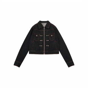 sameuoo散养文化「赤作」撞钉装饰牛仔外套短款红色车缝线夹克春