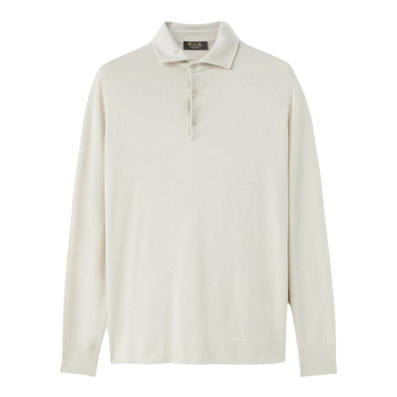 Loro Piana/诺悠翩雅男装白色羊绒长袖休闲马球领polo衫