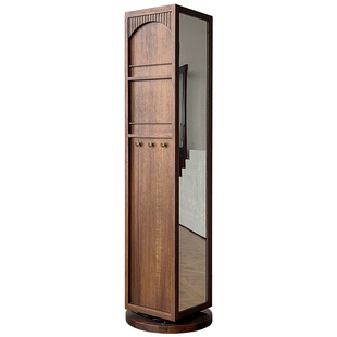 实木旋转镜柜家用落地全身镜复古收纳书柜展示柜玄关储物杂志架