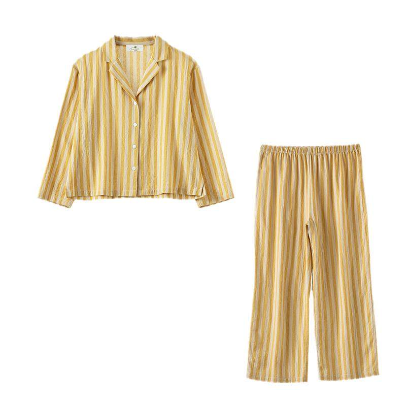 悦聆容睡衣女春秋24新款夏条纹高级感日系纯水洗棉麻感家居服套装