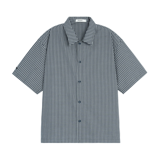 BODYDREAM中古藏青格纹短袖衬衫男夏季格子上衣半袖衬衣/松紧下摆
