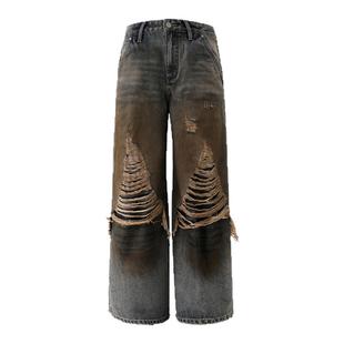 BJHG不计后果美式复古牛仔裤女款冬季潮牌做旧工装裤阔腿休闲裤子