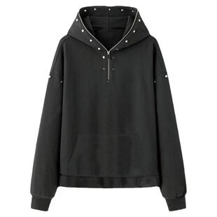 SHANSU潮牌深灰色铆钉金属重磅连帽套头美式复古外套卫衣男女同款