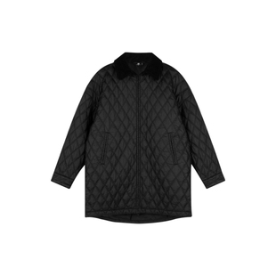 oneup菱形格拉链中长款棉服外套女冬季小个子宽松保暖黑色棉衣