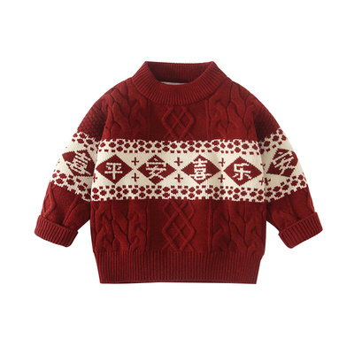 圣诞风费尔岛提花毛衣男童红色半拉链针织衫儿童复古条纹加绒外套