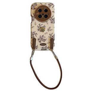 拓岚 适用华为pura80pro+新款手机壳Pura70ultra秋冬p60复古素描花朵立体mate80/70/60/40pro皮质腕带挂绳女