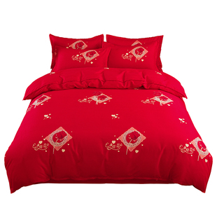 大红色全棉磨毛床单单件婚庆结婚婚房布置酒店婚嫁被单枕套三件套