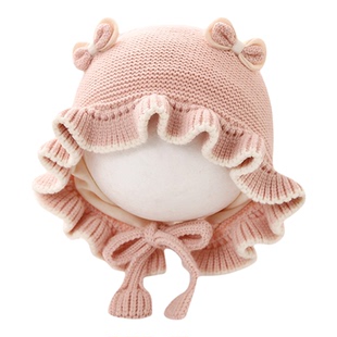 婴儿冬季可爱女宝宝针织护耳帽韩版公主花边蝴蝶结毛线双层保暖