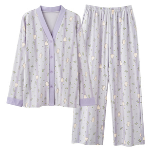 芬腾可安长袖睡衣女款2025新款秋春纯棉女士水绿家居服可外穿冬季