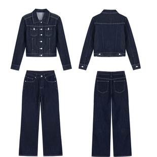 辰米范【现货7折】复古短款深蓝色牛仔夹克外套女微喇牛仔裤套装