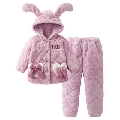 英博伦2025新款女童睡衣冬季法兰绒三层夹棉中长款加厚儿童家居服