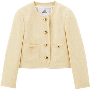 太平鸟含绵羊毛鹅黄色金扣小香风外套女25春装新款短款品质夹克*