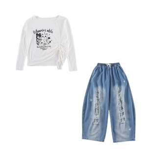 爵士跳舞kpop穿搭美式jazz白色上衣罩衫裤子辣妹女童舞蹈服装宽松