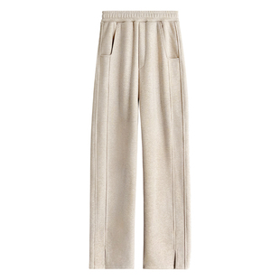 人字纹加绒阔腿裤女秋冬2025新款毛呢开叉裤子直筒羊毛窄版香蕉裤