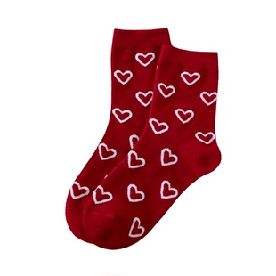 安可拉红袜子女秋冬款纯棉中筒袜2026马年爱心堆堆袜冬天礼盒长袜