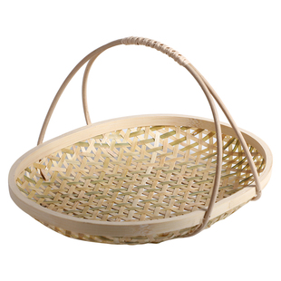 手工竹编果篮 茶点盘 创意家用带提手收纳筐 小篮子 竹筛子小簸箕