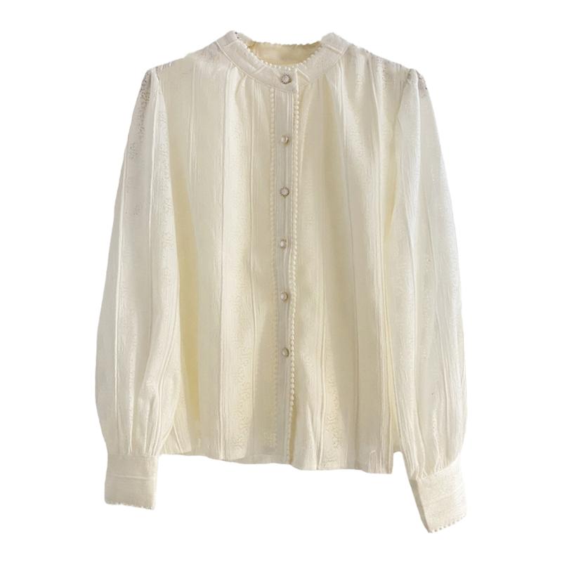 花边立领蕾丝衫减龄长袖衬衫女秋冬设计感气质内搭打底小衫上衣杏