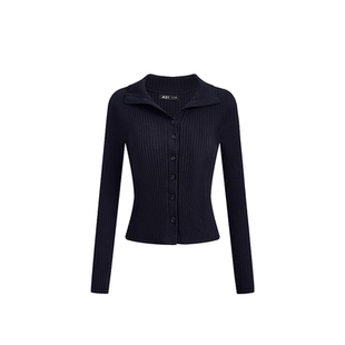 A21女装黑色长袖修身毛针织衫秋季新款简约百搭翻领开衫内搭上衣