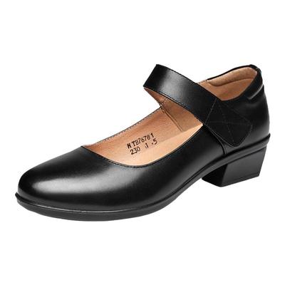 红蜻蜓真皮浅口粗跟中年妈妈鞋子