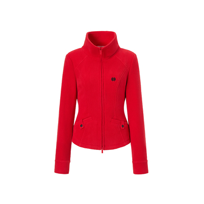 LEDIM WANG摇粒绒修身红色外套女2025秋冬新款休闲风收腰红色上衣