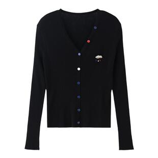 LUNAFUNG冯下文黑色100羊毛云朵彩虹胸针V领修身针织开衫长袖上衣