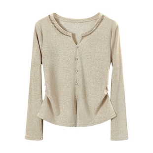 她池修身款打底衫2026春季新款女装优雅气质圆V领收腰正肩上衣