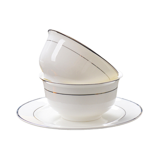 金边碗10个装 唐山骨瓷餐具5英寸米饭碗汤碗家用陶瓷碗白瓷碗面碗