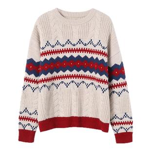 糖皮出品 复古提花撞色 浣熊毛羊毛混纺 冬季绞花费尔岛套头毛衣