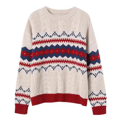 费尔岛复古提花撞色绞花毛衣