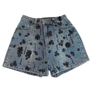 2025新款重工钉珠牛仔短裤女高腰显瘦百搭休闲阔腿裤手工刺绣花朵