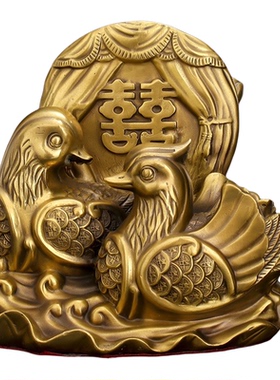 纯黄铜鸳鸯戏水摆件一对卧室美好祝福结婚礼品婚礼桌面客厅装饰品