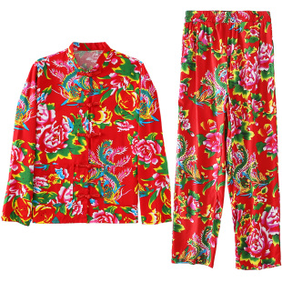 纯棉薄款大花布长袖长裤套装女士上衣外套成人唐装舞台服装演出服