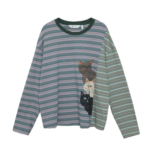 MOVEUP幻走2025秋季新款.FUN系列猫咪印花条纹短款长袖T恤女打底