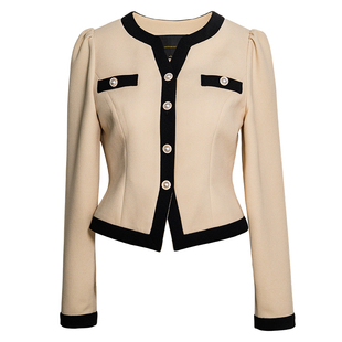 罗衣高级百搭杏色针织短外套女春季小众通勤泡泡袖拼接上衣11638