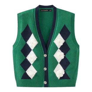 拉夏贝尔/La Chapelle秋冬菱形格针织开衫马甲百搭无袖坎肩背心女