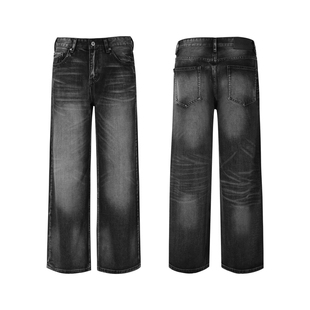 ALLFIT 立体猫须A字直筒水洗黑13.5oz赛络纺百搭休闲宽松牛仔裤男