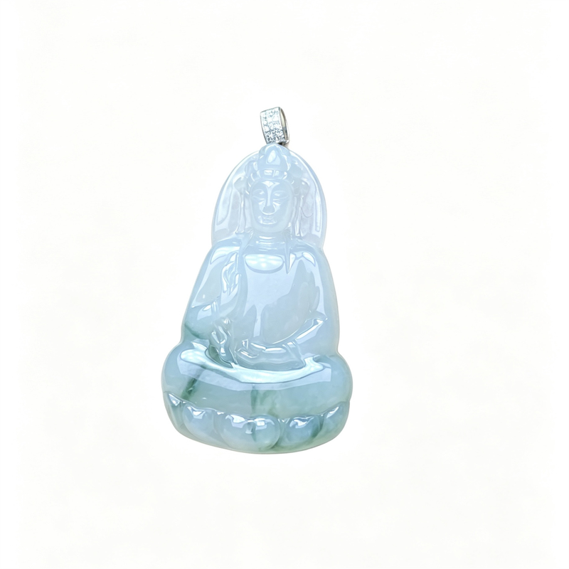 翠贵人飘花老坑观音吊坠18K冰糯