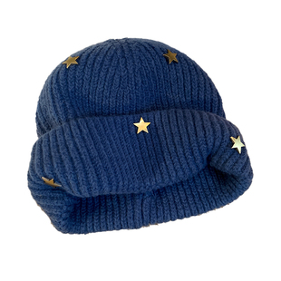 蓝色立体星星针织帽子女冬季大头围保暖冷帽显脸小防寒加厚毛线帽